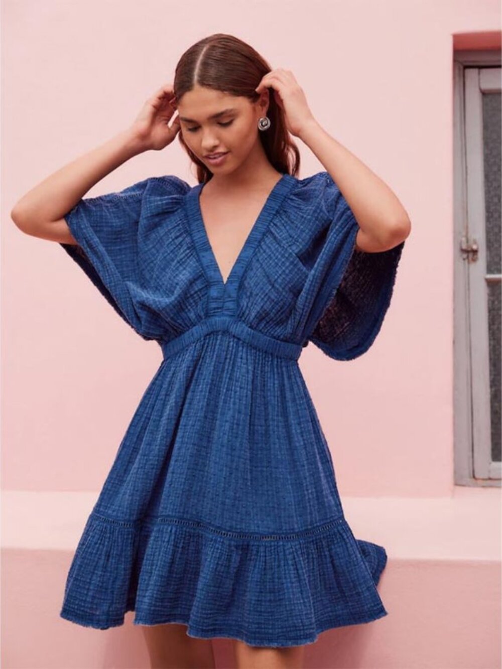 Aerie Wash Navy Blue Textured V-Neck Cotton Mini Dress - Women's Size Medium